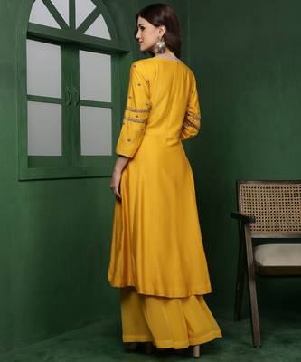 mustard cutdana and pearl katan silk kurta set 5