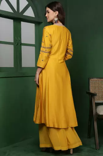 mustard cutdana and pearl katan silk kurta set