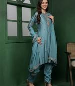 Dull teal cutdana and pearl katan silk kurta set