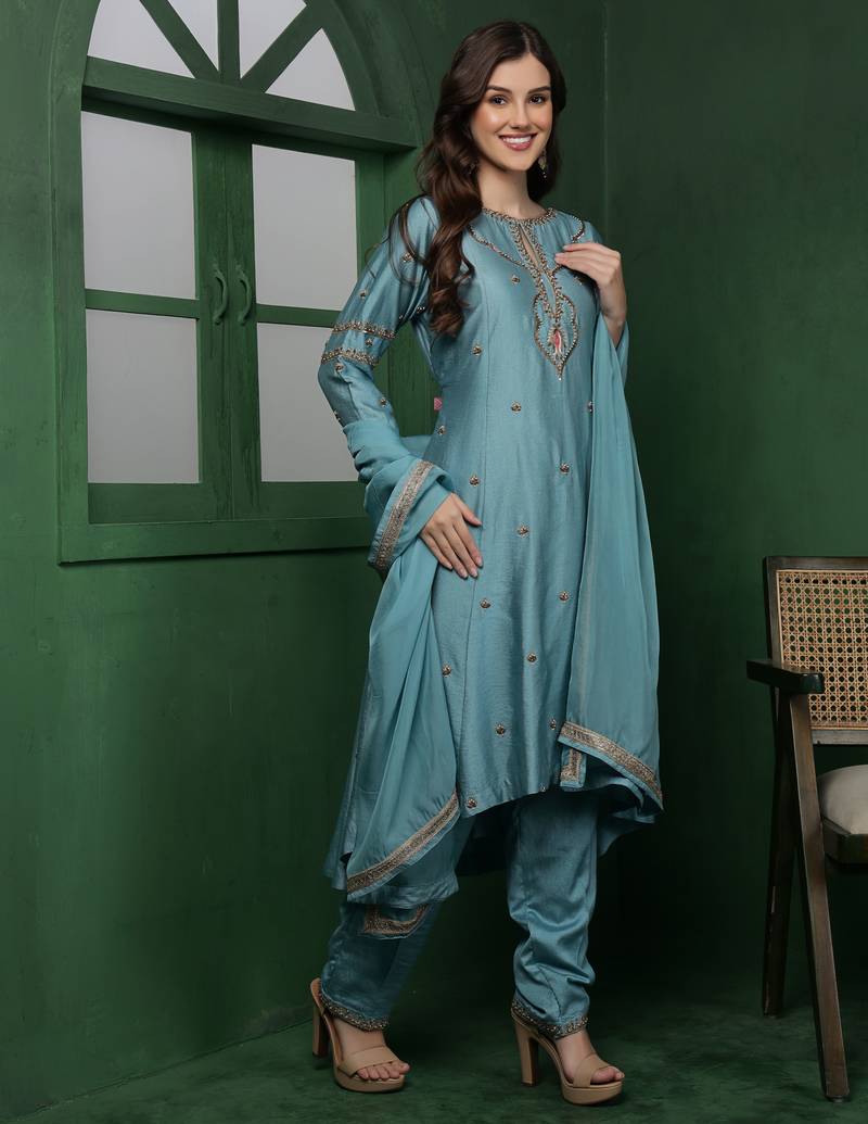 Dull teal cutdana and pearl katan silk kurta set
