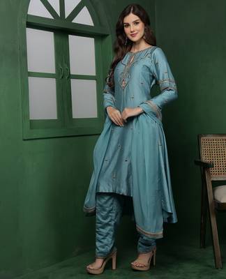 dull teal cutdana and pearl katan silk kurta set 4