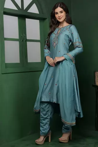 dull teal cutdana and pearl katan silk kurta set