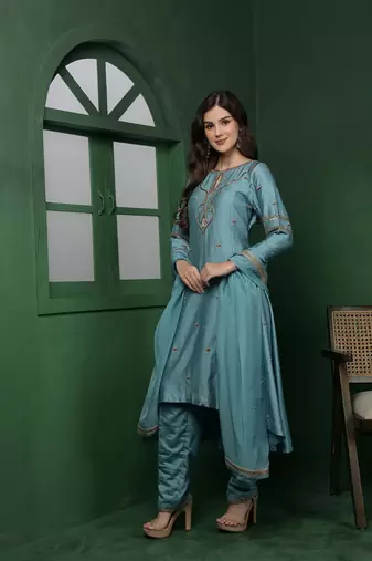 dull teal cutdana and pearl katan silk kurta set
