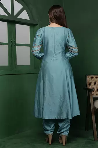 dull teal cutdana and pearl katan silk kurta set