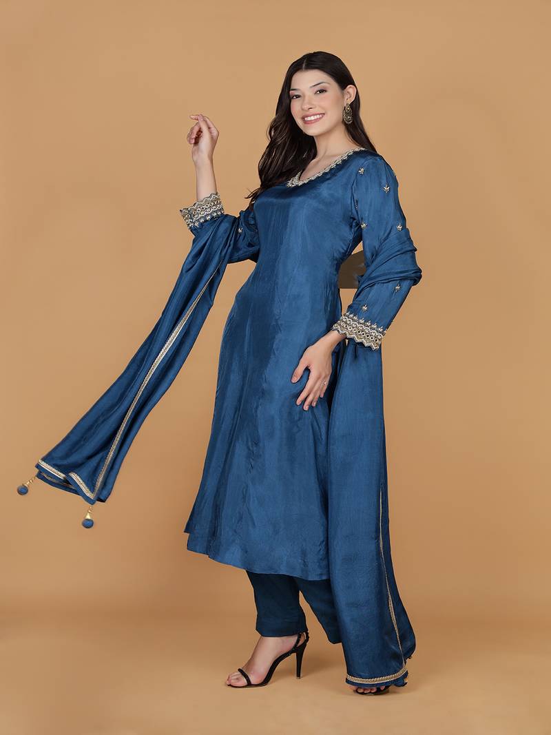 blue silk pearl cutdana work three piece set