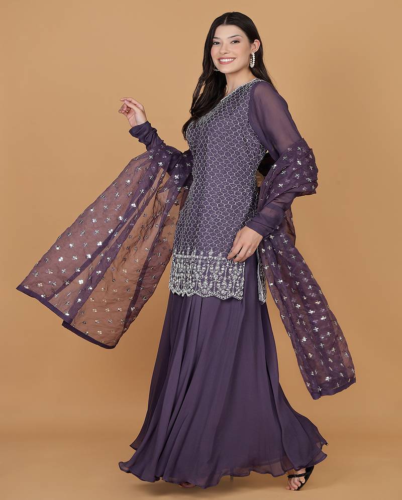 Dull purple silk georgette cutdana kurti set with