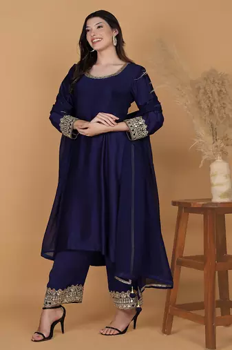 dark blue with mirror work katan silk kurta and pant with georgette duppatta