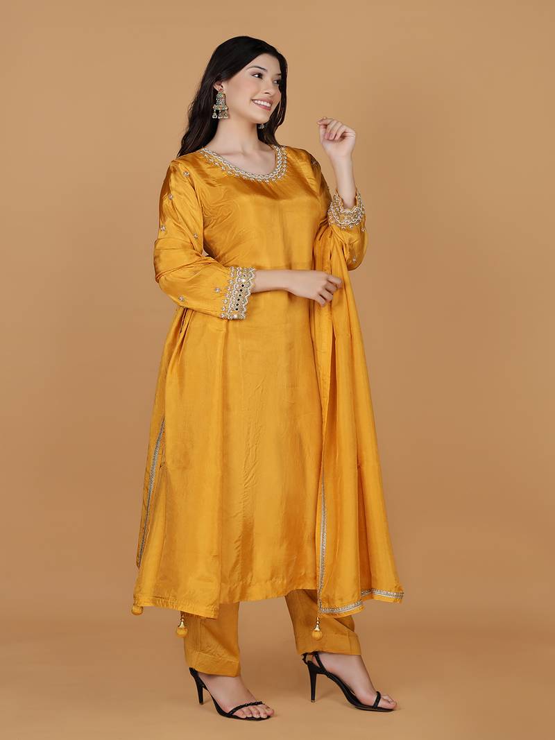 Mustard  opara silk pearl cutdana work three piece set