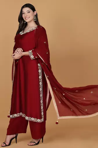maroon with cutdana pearl and mirror work katan silk kurta pant set