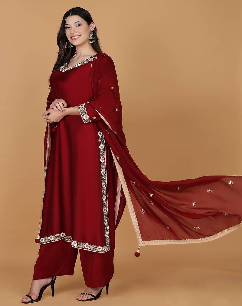 Maroon with cutdana pearl and mirror work katan silk kurta pant set
