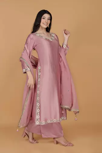 onion pink self design katan silk kurta pant set