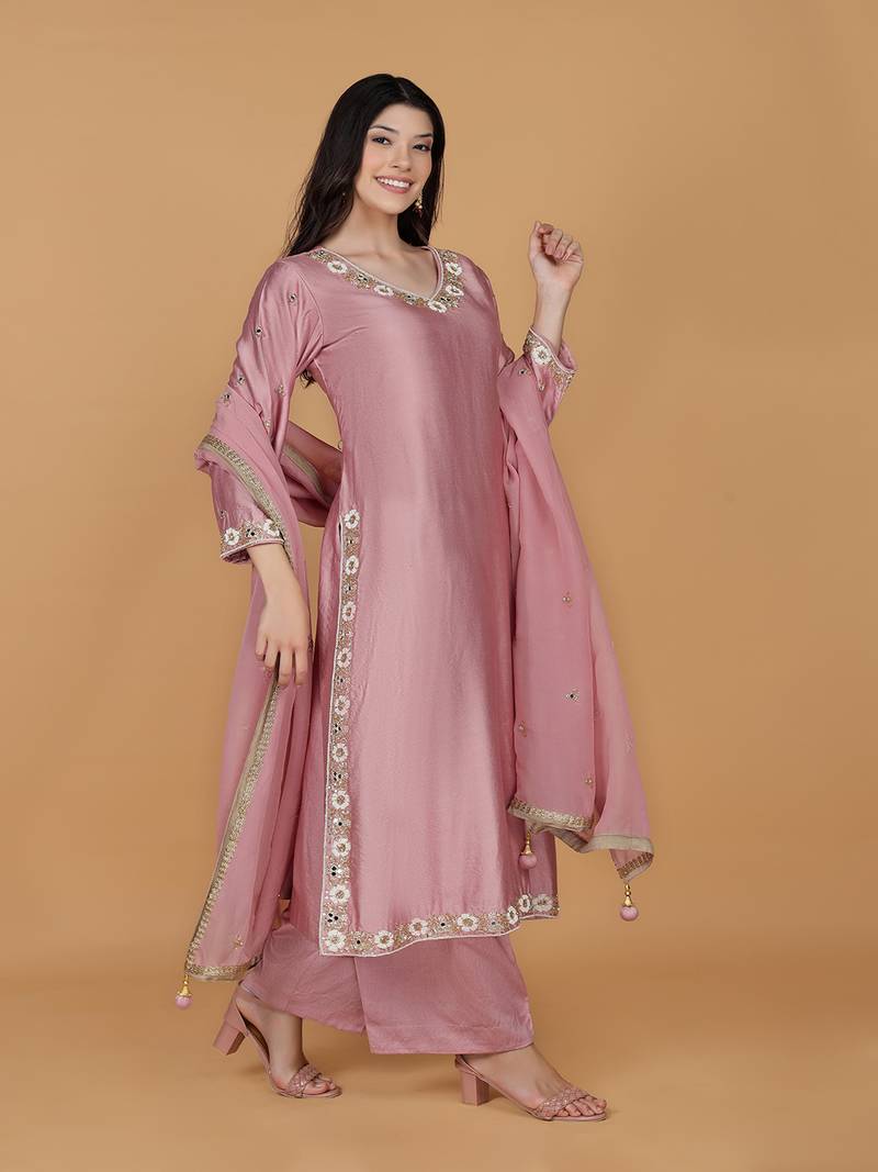 Onion pink self katan kurta pant set