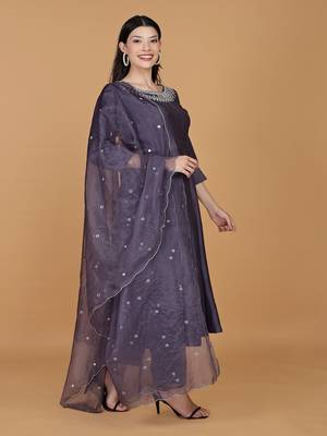 purple chanderi mirror work anarkali set 5