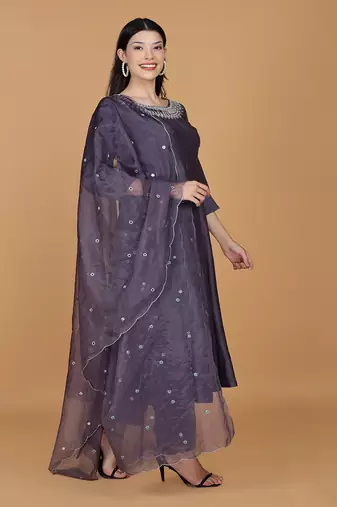 purple chanderi mirror work anarkali set