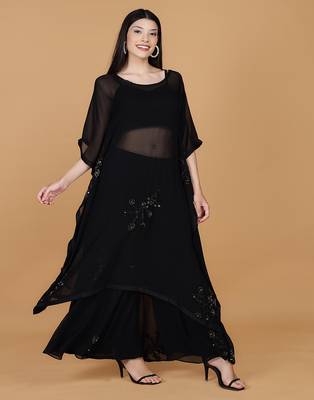 black georgette sequins and beads work kaftan sharara set 5
