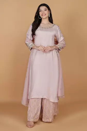 light pink viscose silk pearl sequins dubka work sharara set