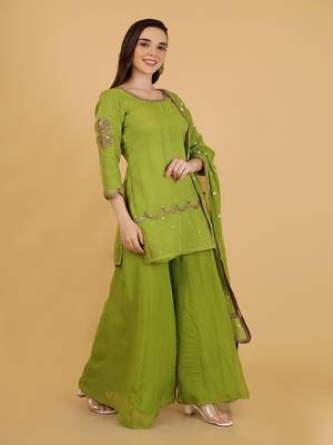 leaf green organza with cutdana and beadwork sharara set 5