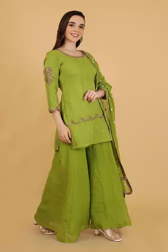 leaf green organza with cutdana and beadwork sharara set