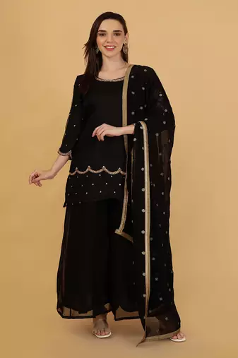 black organza with cutdana and bead work sharara set