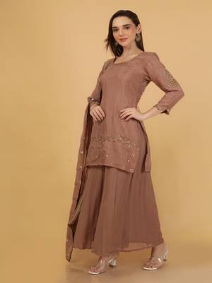 mocha brown organza with cutdana beadwork sharara set 5