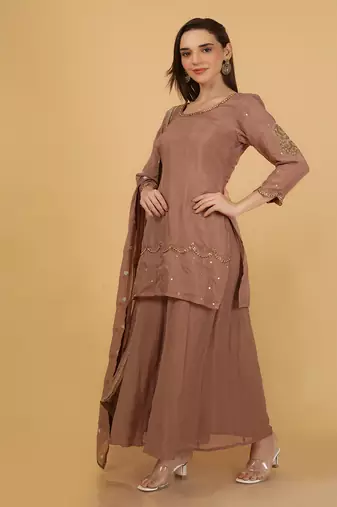 mocha brown organza with cutdana beadwork sharara set