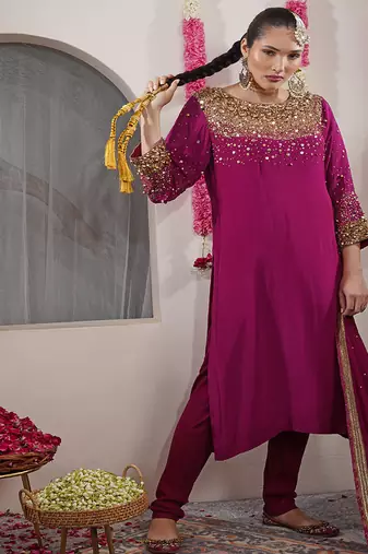 wine beadwork and sequin crepe kurta and churidar dupatta set