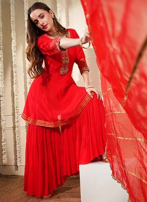 red georgette dubka resham work sharara set 5