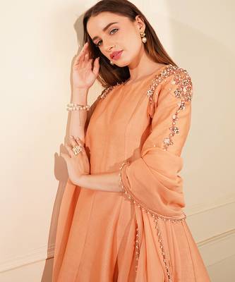 dark peach katan silk and georgette peplum sharara set 5