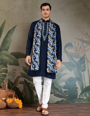 NAVY BLUE GREEN PURE VISCOSE REAL MIRROR WITH JARI WEAVING WORK WEDDING FESTIVAL PARTY WEAR STRAIGHT KURTA WITH DUPATTA 9