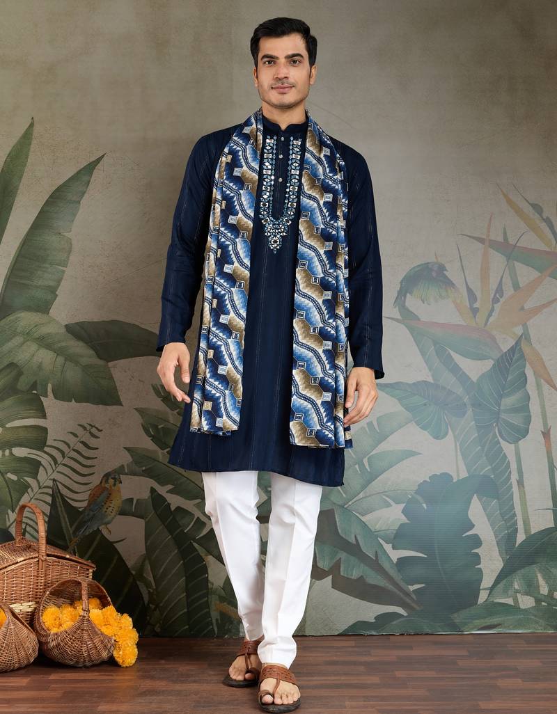 Navy blue green pure viscose real mirror with jari weaving work wedding festival party wear straight kurta with dupatta