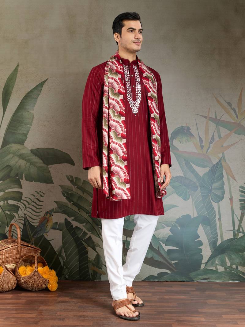 Red pure viscose real mirror with jari weaving work wedding festival party wear straight kurta with dupatta