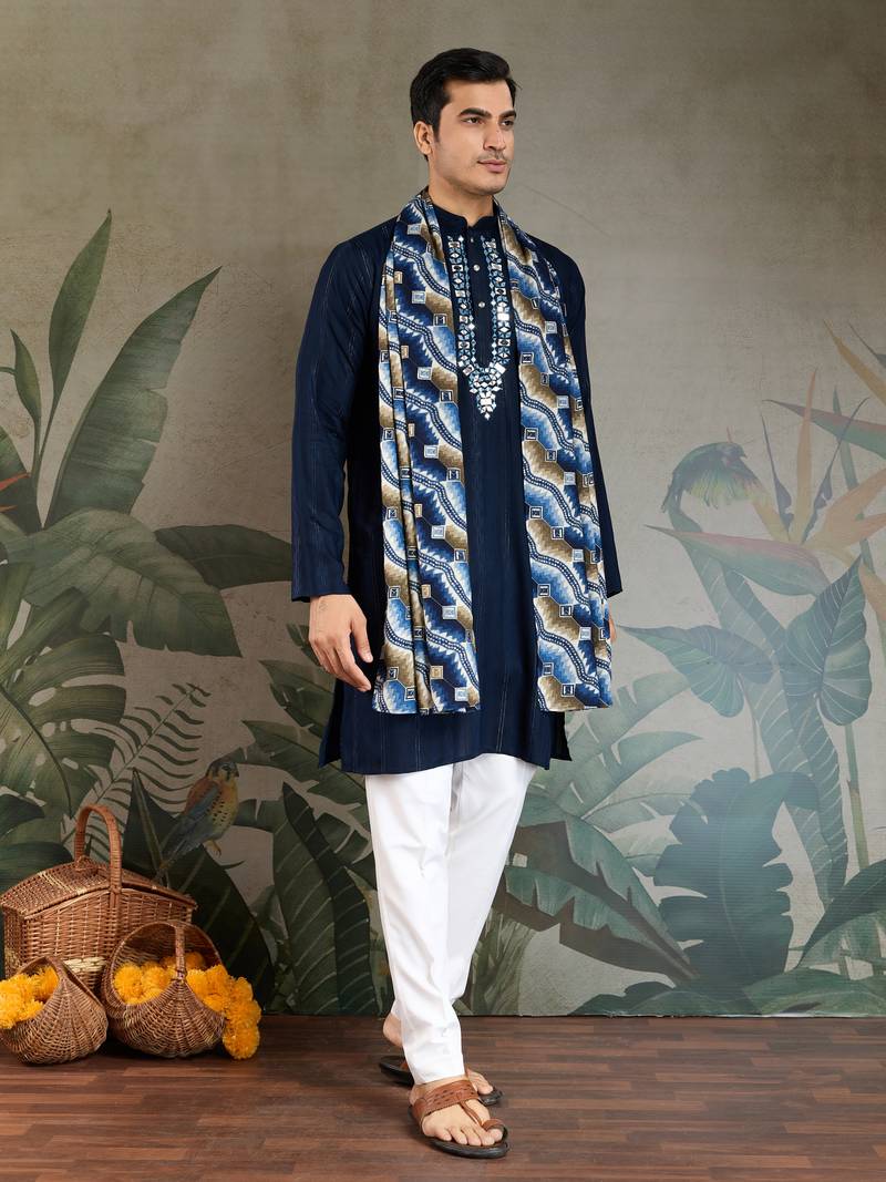 Navy blue green pure viscose real mirror with jari weaving work wedding festival party wear straight kurta with dupatta