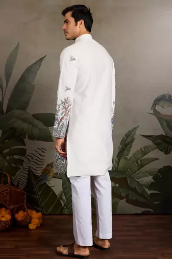 WHITE VISCOSE SILK THREAD & SEQUINS EMBROIDERED WORK WEDDING FESTIVAL MARRIAGE PARTY WEAR STRAIGHT MENS KURTA
