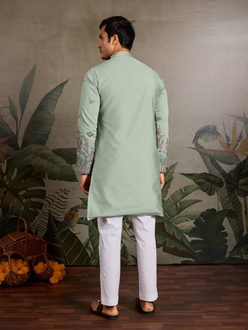 Pista green viscose silk thread & sequins embroidered work wedding festival marriage party wear straight mens kurta