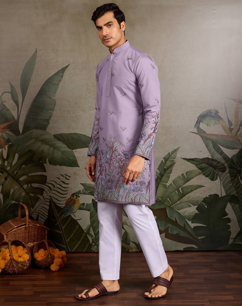 Lavender viscose silk thread & sequins embroidered work wedding festival marriage party wear straight mens kurta