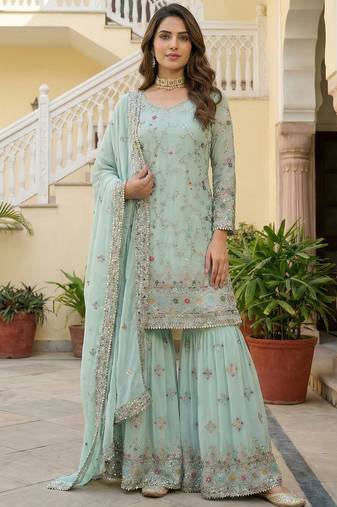 Blue Embroidered Georgette Festive Wear Sharara Suit