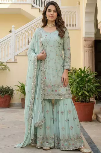 Blue Embroidered Georgette Festive Wear Sharara Suit