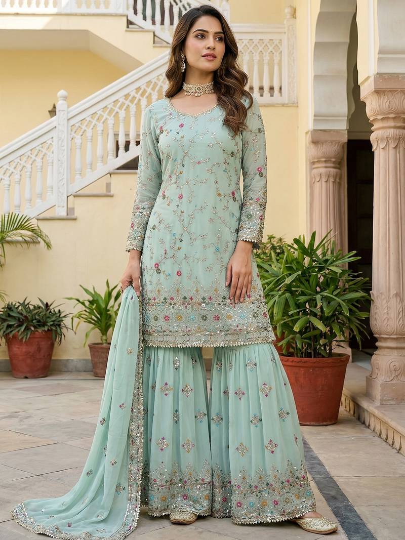 Blue Embroidered Georgette Festive Wear Sharara Suit