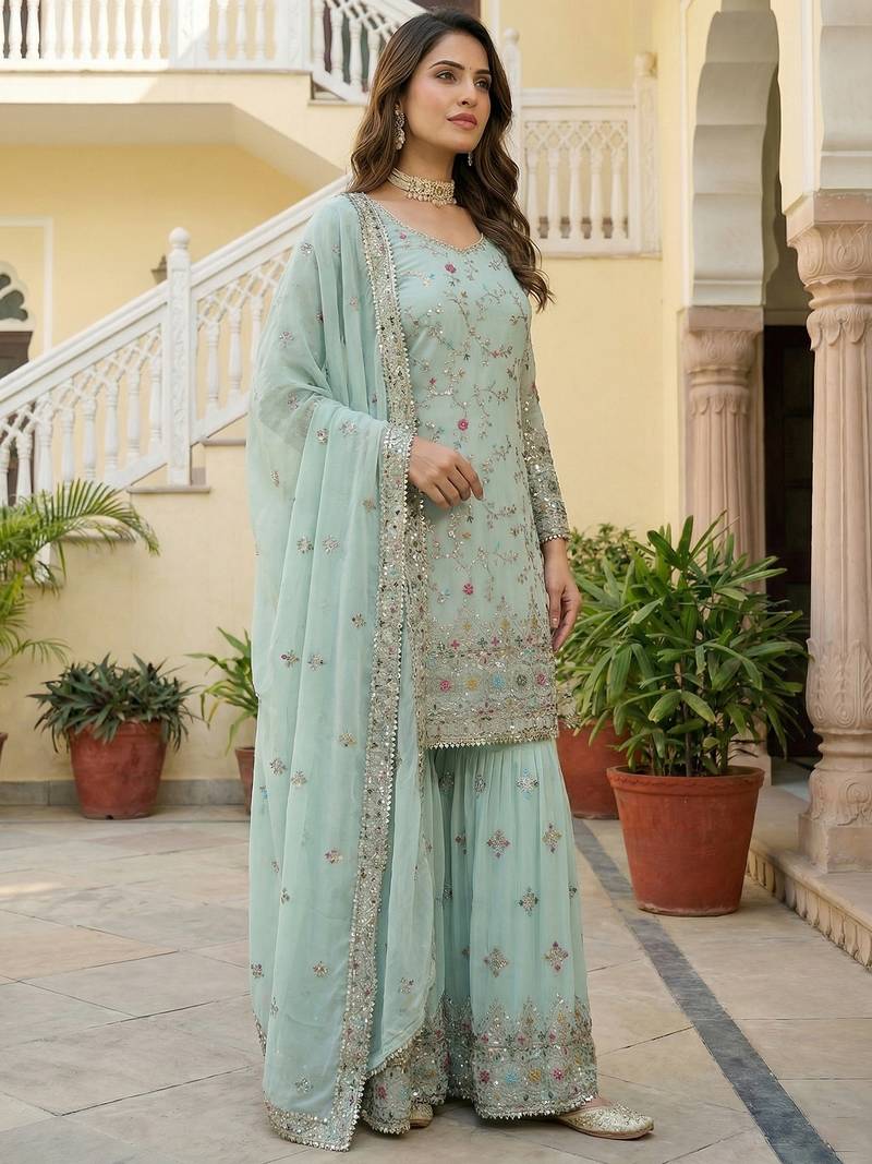 Blue Embroidered Georgette Festive Wear Sharara Suit