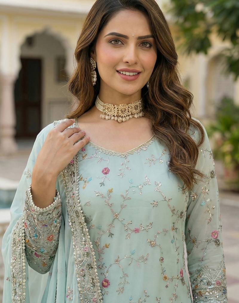 Blue Embroidered Georgette Festive Wear Sharara Suit