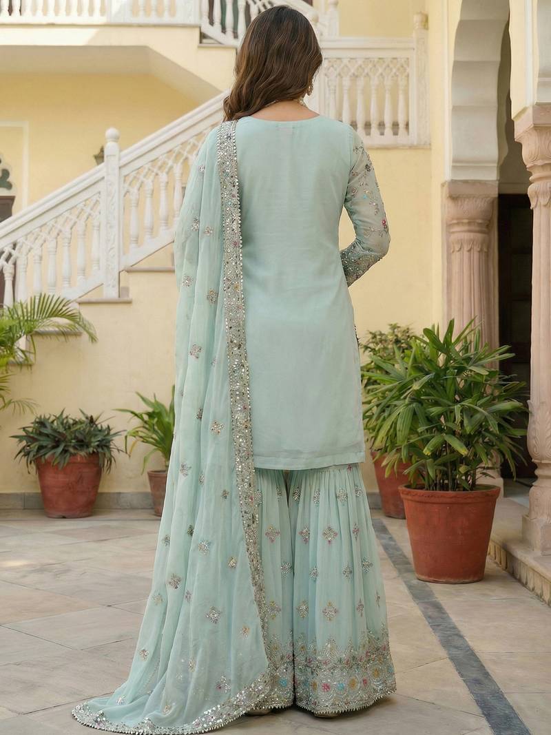 Blue Embroidered Georgette Festive Wear Sharara Suit