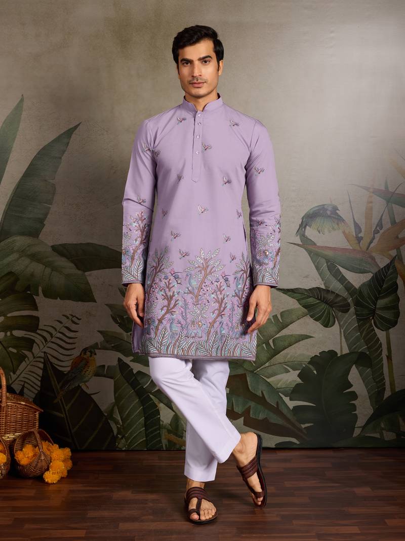 Lavender viscose silk thread & sequins embroidered work wedding festival marriage party wear straight mens kurta