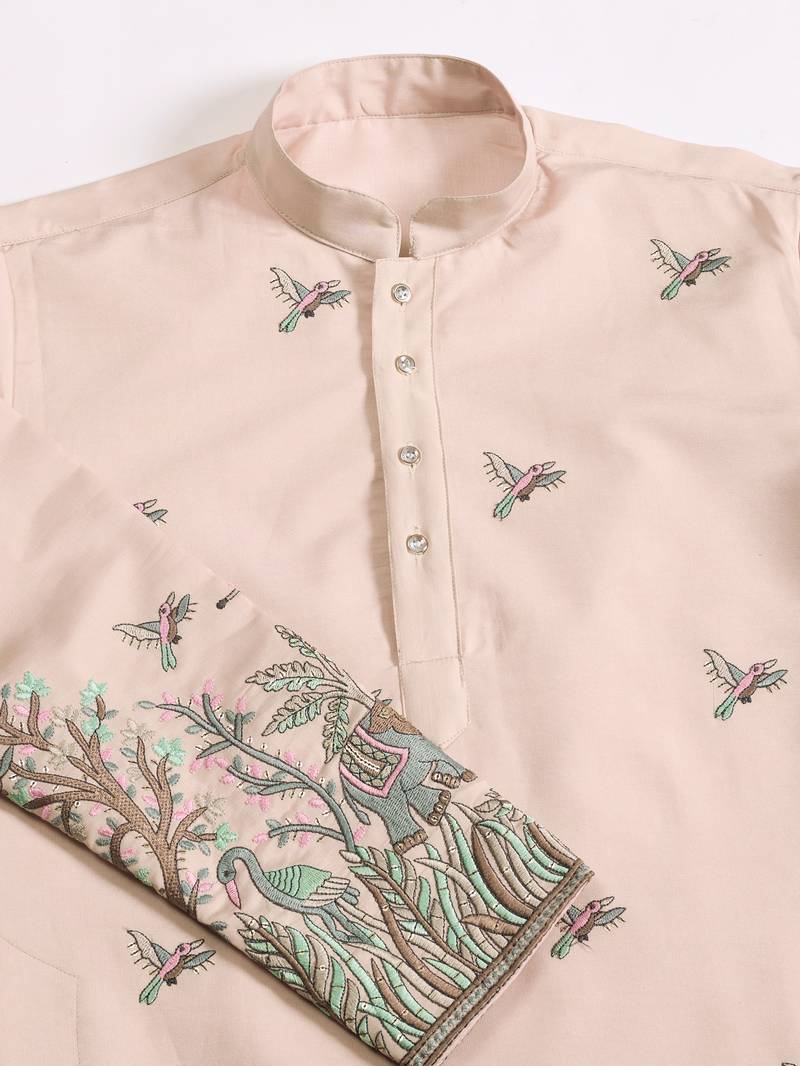 Beige viscose silk thread & sequins embroidered work wedding festival marriage party wear straight mens kurta