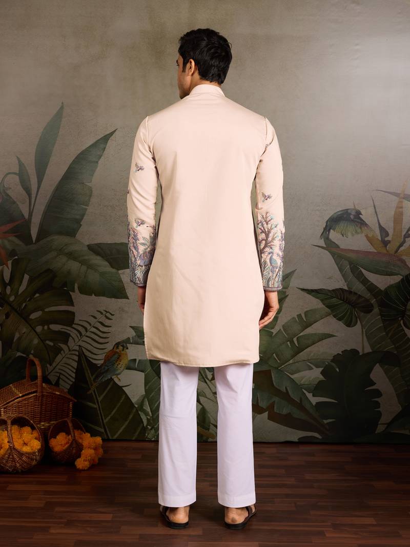 Beige viscose silk thread & sequins embroidered work wedding festival marriage party wear straight mens kurta