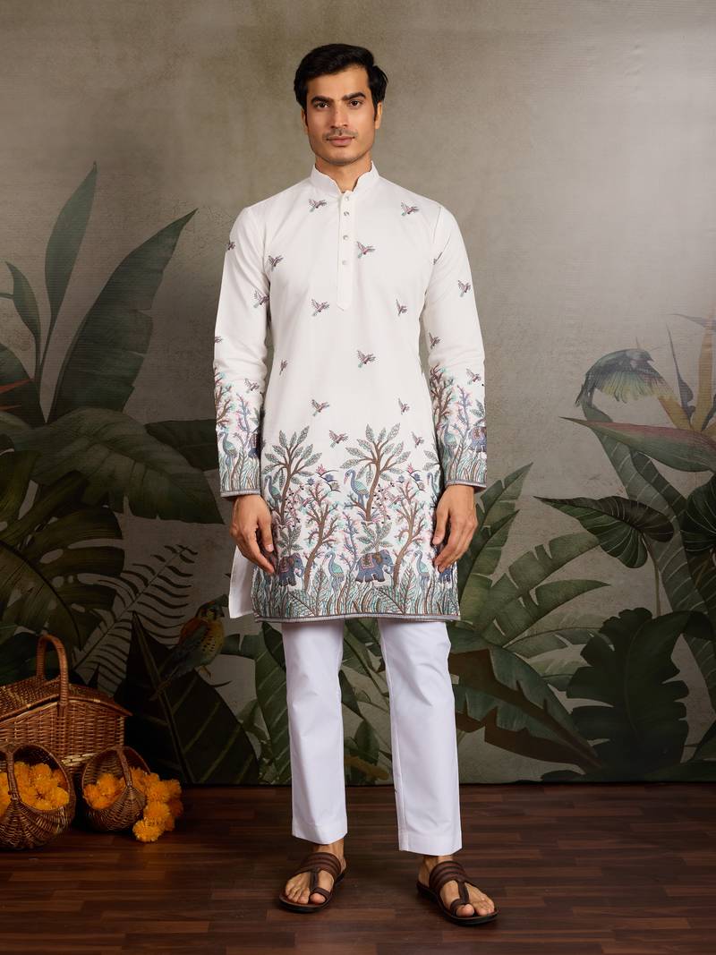White viscose silk thread & sequins embroidered work wedding festival marriage party wear straight mens kurta