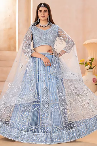 blue embroidered chinon lehenga set choli with dupatta
