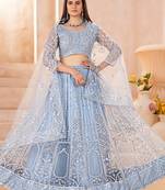 blue embroidered chinon lehenga set choli with dupatta