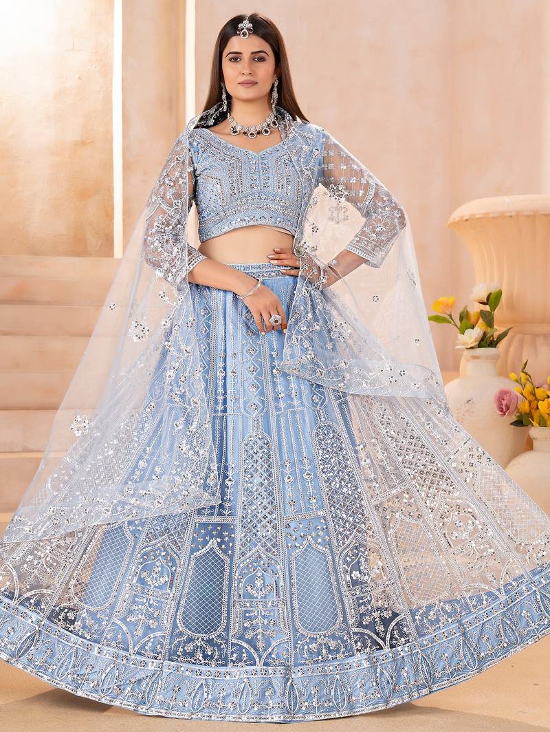 blue embroidered chinon lehenga set choli with dupatta