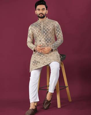 Cream chikankari work viscose rayon straight kurta 1