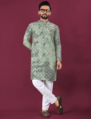 Green chikankari work viscose rayon straight kurta 1